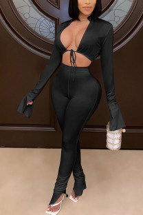 Black Sexy Solid Split Joint V Neck Long Sleeve Two Pieces