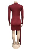 Red Sexy Patchwork Sequins Half A Turtleneck Irregular Dress Dresses