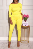 Yellow OL Solid Draped pencil Long Sleeve Two Pieces