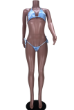 Sky Blue Sexy Print Patchwork Mesh Swimwears Three Pieces