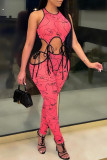 Red Sexy Print Bandage O Neck Sleeveless Two Pieces