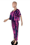Purple Fashion Casual Print Basic O Neck Short Sleeve Two Pieces
