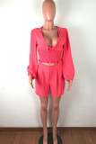watermelon red adult Fashion Ma'am Sexy Two Piece Suits Patchwork Solid Straight Long Sleeve Two-Piece Shor