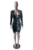 Blue Sexy Print Patchwork V Neck Wrapped Skirt Dresses