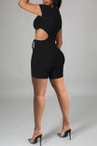 Grey Fashion Sexy Solid Hollowed Out Strap Design O Neck Regular Romper