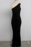 Black Polyester Sexy One Shoulder Sleeveless one shoulder collar Step Skirt Floor-Length Solid Patchwork