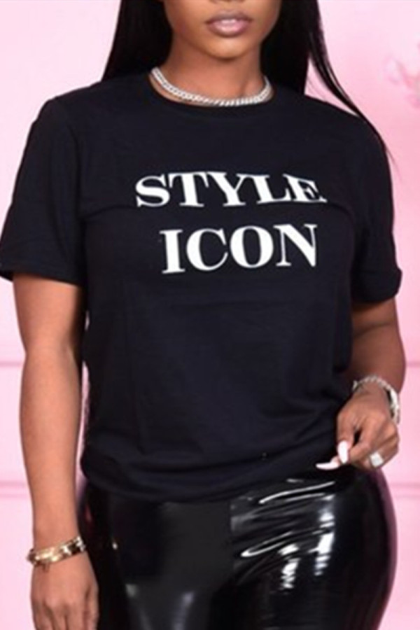 Black Fashion Casual Letter Print Basic O Neck Tops