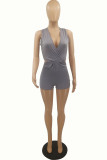 Grey Fashion Sexy Solid Hollowed Out V Neck Skinny Romper