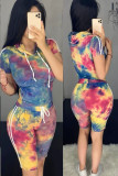 Yellow venetian Fashion Casual Print Tie Dye Two Piece Suits pencil Short Sleeve Two Pieces