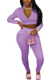 Light Purple Fashion Casual Adult Polyester Solid Split Joint O Neck Long Sleeve Regular Sleeve Short Two Pieces