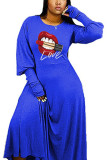Blue Lightly cooked Long Sleeves O neck Lantern skirt Floor-Length Print Dresses