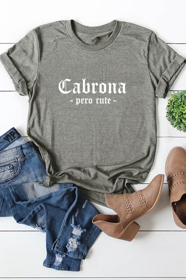 Grey Fashion Casual Letter Print Basic O Neck Tops