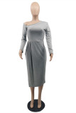 Grey Sexy Casual Solid Slit Oblique Collar Long Sleeve Dresses