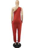 Red Casual Solid Backless One Shoulder Sleeveless Regular Jumpsuits
