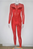 Red Fashion Sexy Patchwork Solid See-through O Neck Skinny Jumpsuits