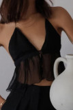 Black Sexy Solid Tassel Backless With Bow Spaghetti Strap Tops
