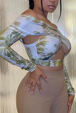 Light Green Sexy Print Hollowed Out V Neck Mid Waist Tops