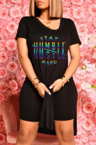 Black Fashion Casual Letter Print Slit V Neck Short Sleeve Two Pieces