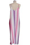 purple Sexy Fashion Casual Spaghetti Strap Sleeveless Slip A-Line Floor-Length Patchwork Print as