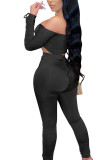 Black Sexy Polyester Solid Split Joint Draw String Fold Strapless Long Sleeve Short Two Pieces