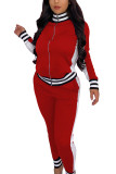 rose red Casual Sportswear Polyester Spandex Cotton Blends Patchwork Solid Split Joint Pants Zipper Collar Long Sleeve Regular Sleeve Regular Two Pieces