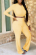 Light Yellow Sexy Solid Patchwork V Neck Long Sleeve Two Pieces