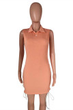 Pink Fashion Sexy Solid Hollowed Out Strap Design Turndown Collar Sleeveless Dress