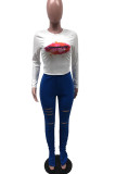 cartoon Fashion Lips Butterfly Print Ripped Slit O Neck Long Sleeve Two Pieces