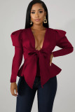 Wine Red cardigan Solid ruffle Patchwork Polyester Pure Long Sleeve