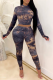 Black Sexy Patchwork Tie-dye O Neck Long Sleeve Two Pieces