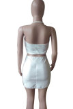 White Fashion Sexy Spaghetti Strap Sleeveless Slip Slim Dress Knee-Length Solid Print tassel Two Piece Dr