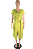 Light Green Polyester Fashion Sexy Cap Sleeve Short Sleeves O neck Straight Knee-Length Solid Patchwork fastener