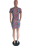 Purple Casual Print Split Joint O Neck Pencil Skirt Dresses