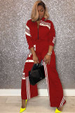 Red Polyester Elastic Fly Long Sleeve Mid Patchwork Straight Pants