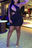 Red Fashion Sexy Solid Hollowed Out One Shoulder Sleeveless Dress
