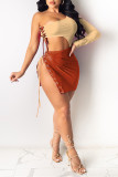 Pink Fashion Sexy Patchwork Backless Strap Design One Shoulder Long Sleeve Dresses