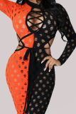 Red Sexy Color Block Hollowed Out O Neck Pencil Skirt Dresses