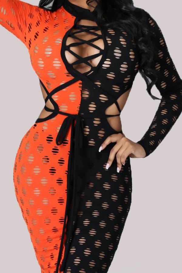 Red Sexy Color Block Hollowed Out O Neck Pencil Skirt Dresses