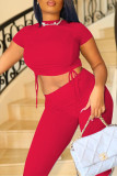 Red Fashion Casual Solid Basic O Neck Short Sleeve Two Pieces