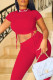 Red Fashion Casual Solid Basic O Neck Short Sleeve Two Pieces