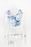 Blue Sexy Print Patchwork U Neck Tops