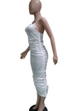 White Polyester Fashion Sexy White Black Blue Spaghetti Strap Sleeveless Slip Pencil Dress Mid-Calf Solid backless asymmetrical Dresses