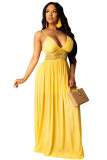 Yellow Polyester adult Casual Fashion Spaghetti Strap Sleeveless Slip Swagger Floor-Length Solid Patchwork