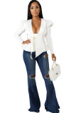 White cardigan Solid ruffle Patchwork Polyester Pure Long Sleeve