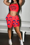 Red Sexy Print Patchwork Spaghetti Strap Sleeveless Two Pieces