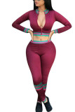 Wine Red Spandex Fashion Casual adult Ma'am Patchwork Solid Two Piece Suits pencil Long Sleeve Two Pieces