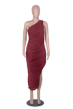 Burgundy Casual Solid High Opening One Shoulder Sleeveless Dress Dresses