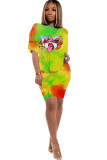 Orange venetian Fashion Ma'am adult Casual Two Piece Suits Print Patchwork Straight Short Sleeve Two-Piece