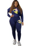 Blue Polyester Active Solid Two Piece Suits Print Patchwork pencil Long Sleeve
