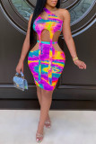 Rose Red Sexy Print Tie Dye Hollowed Out Backless Asymmetrical One Shoulder Sleeveless Two Pieces